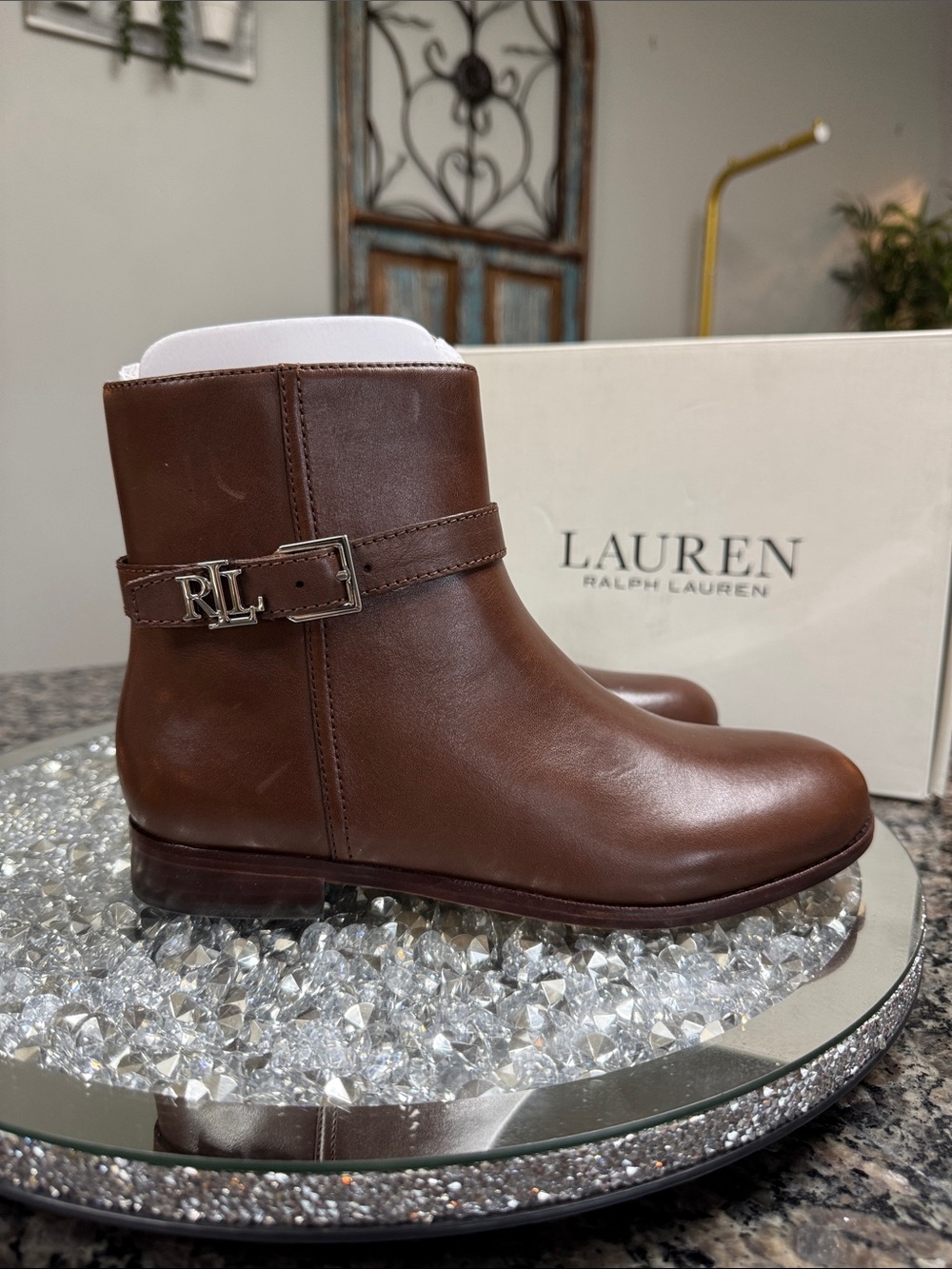 Lauren Ralph Lauren Chestnut Leather RL Buckle Ankle Boots NEW 6.5